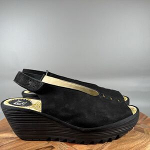 FLY LONDON Yeay Peep Toe Sandal Women's Size EU 40 US 10 Black Suede Platform